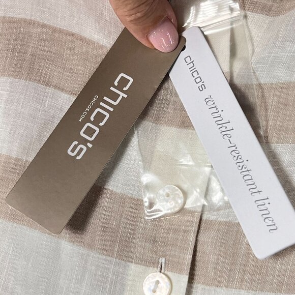 NWT Chicos Effortless Linen Stripe Button Down Shirt Sz 3 XL 16 Tan Collar - Picture 5 of 11